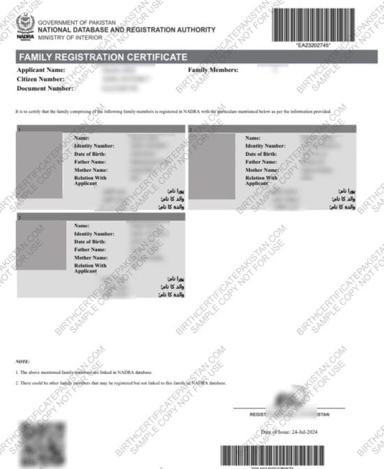 Frc Format Family Registration Certificate Pakistan